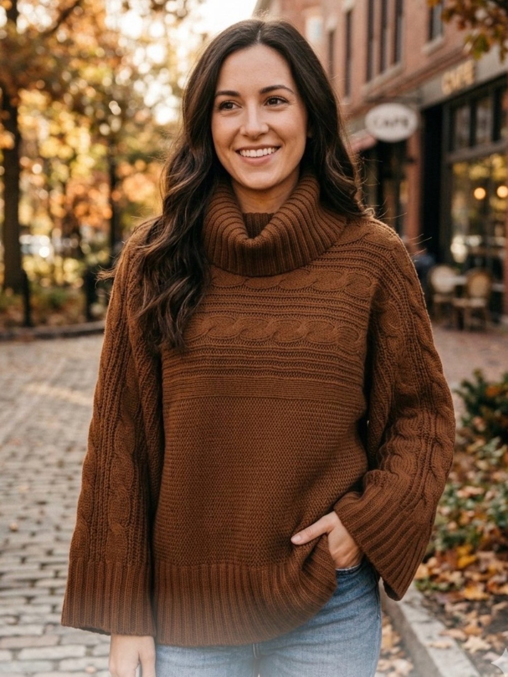 Allison Brittney Brown Cable Knit Turtleneck Sweater with mWide Bat-wing Sleeves